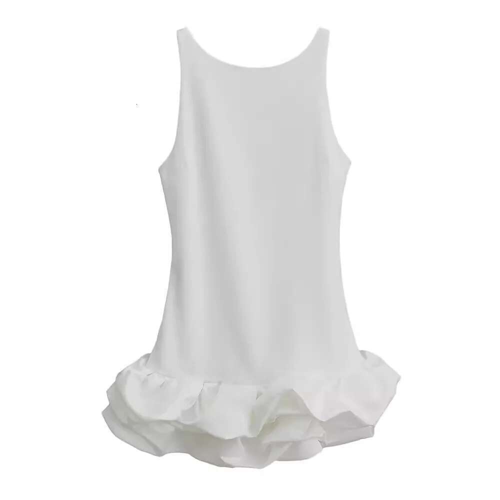 Fashion White Pleated Hem Mini Dress Women Elegant Round Neck Sleeveless Slim Fit Short Dresses Sexy Party Club Vestidos
