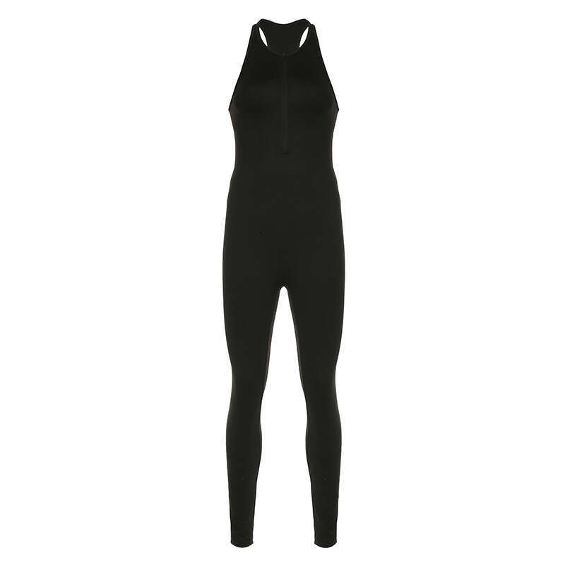 Fashionable Sporty Women's Solid Color Yoga Pants With Zipper Splicing And Hollowed Out Backless Tight Sleeveless Jumpsuit B5