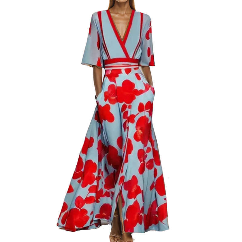 Women Clothes Dress Women S Fashionable And Elegant Temperament V Neck Printed Lace Up Big Skirt Dress For Women KQ
