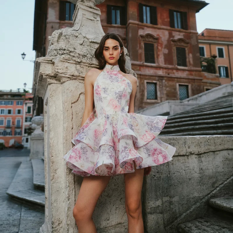 Chic Floral Printed Mini Dress Backless Sleeveless Hem Stacking Dresses Sweet A Line Vestidos Lady Party Club Clothing 250513