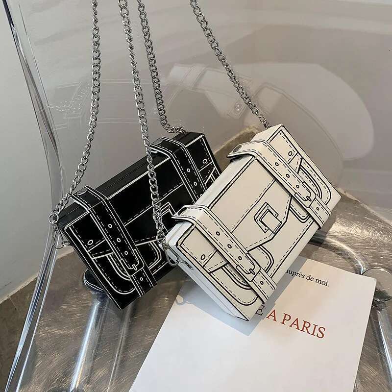 White Box Black Design Women Casual Purses and Handbags Fashion Clutch Shoulder Chain 2025 Crossbody Bag Pu Leather