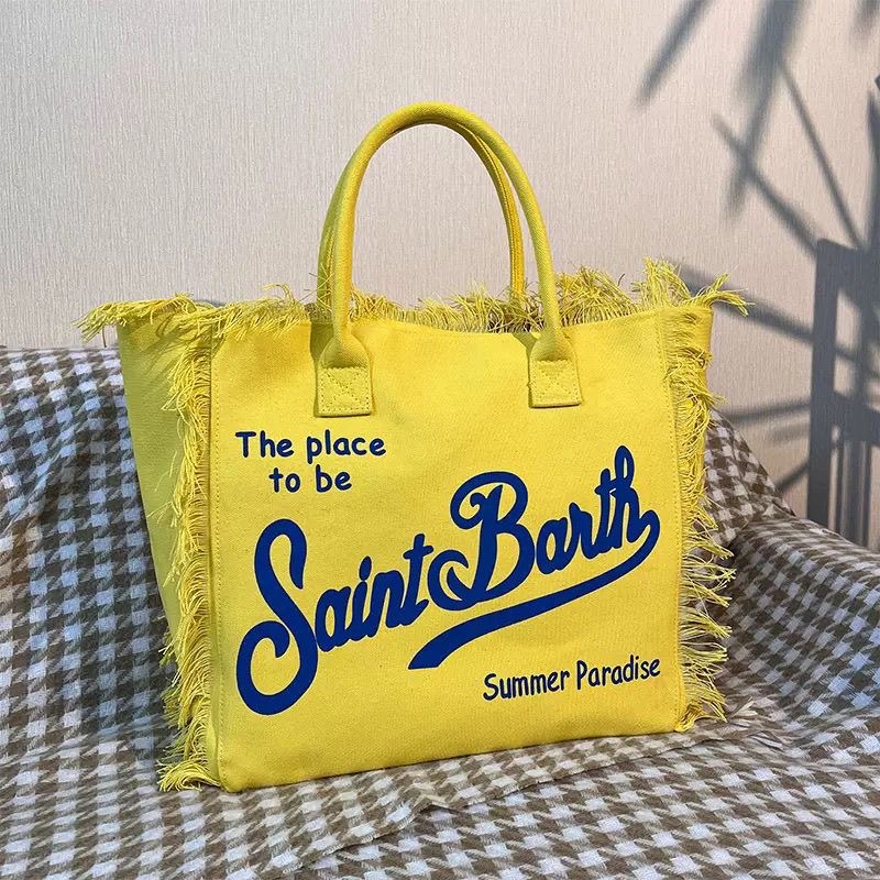 Saint Bart's New Women's Large Capacity Leisure Tourism Canvas Stripe Handmade Tassel Handbag Tote Bag size