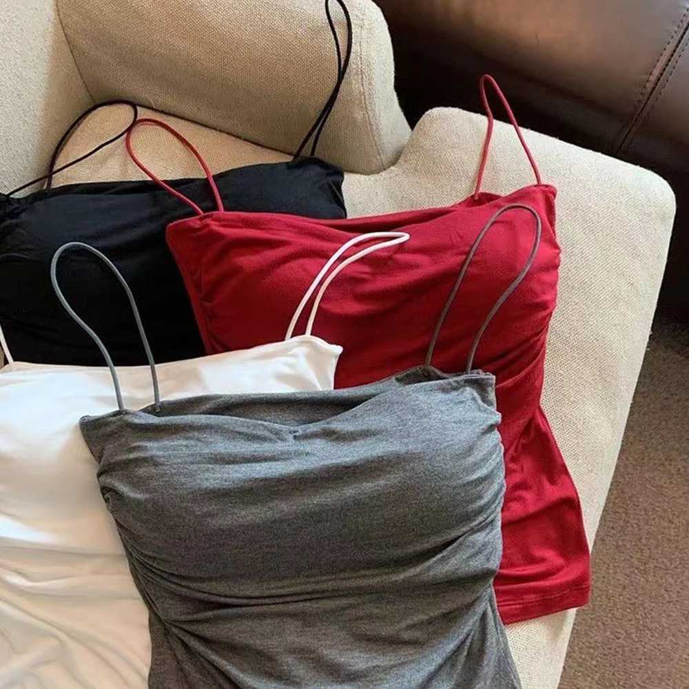 Sleeveless Tees Tank Tops For Women Camisole Vest Cropped Top Slim Fit Solid Color Spaghetti Strap Built In Bra Women Clothes M250513