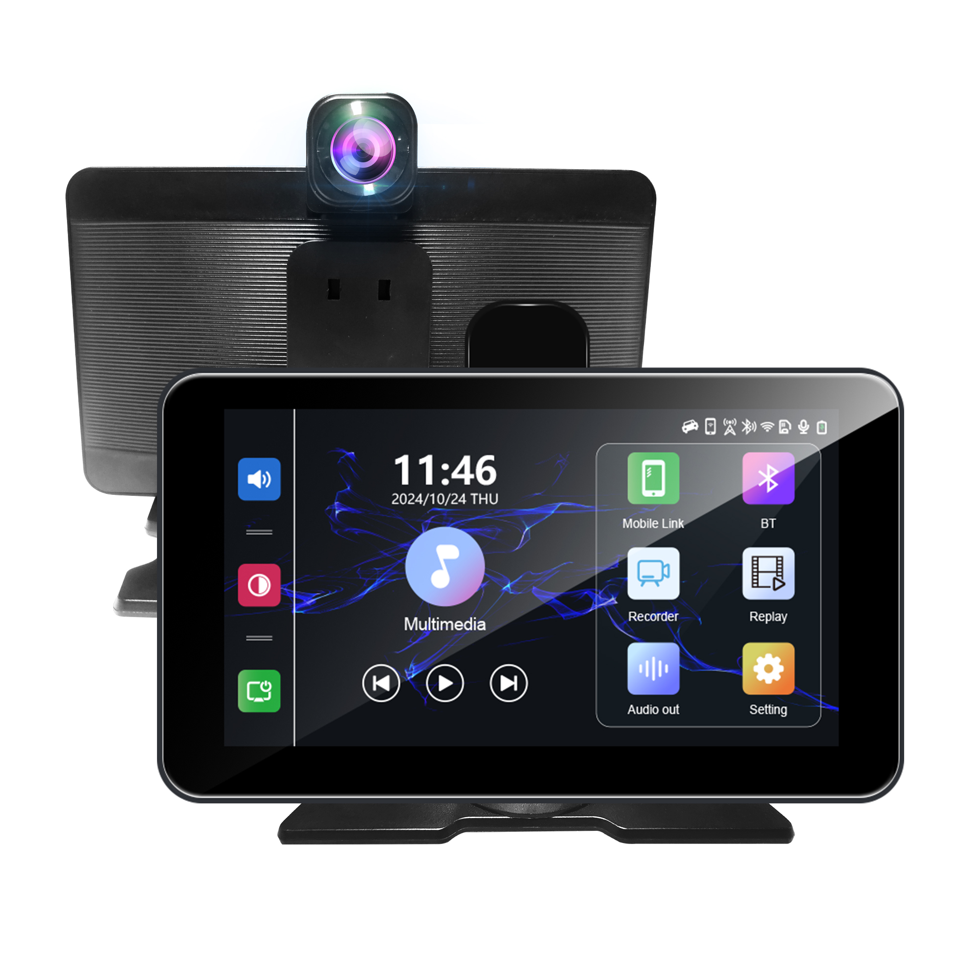 BY-CS74 7-inch In-Car Smart Display with Dual Cameras | Wireless CarPlay/Android Auto | 4K Front & 1080P Rear Cam | Global Multi-Language Support | Li