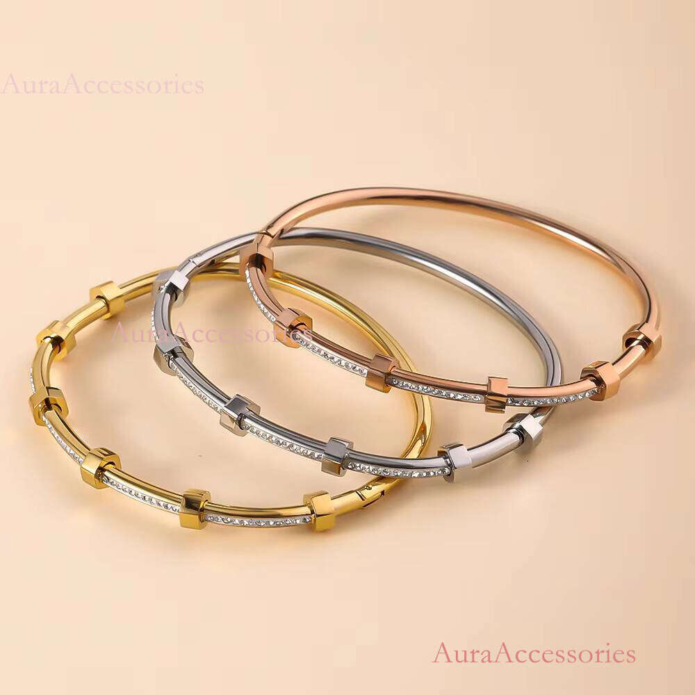 Geometric Crystal Double Layer Open Bracelet for Women Stainless Steel Cuff Bangles Fashion Party Jewelry Gift