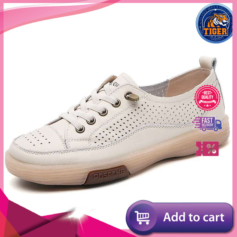 Ddmytiger Women Flat Summer Breathable Cutout Casual Ladies Soft Bottom Genuine Leather Flats White Shoes Woman Outdoor Shoes