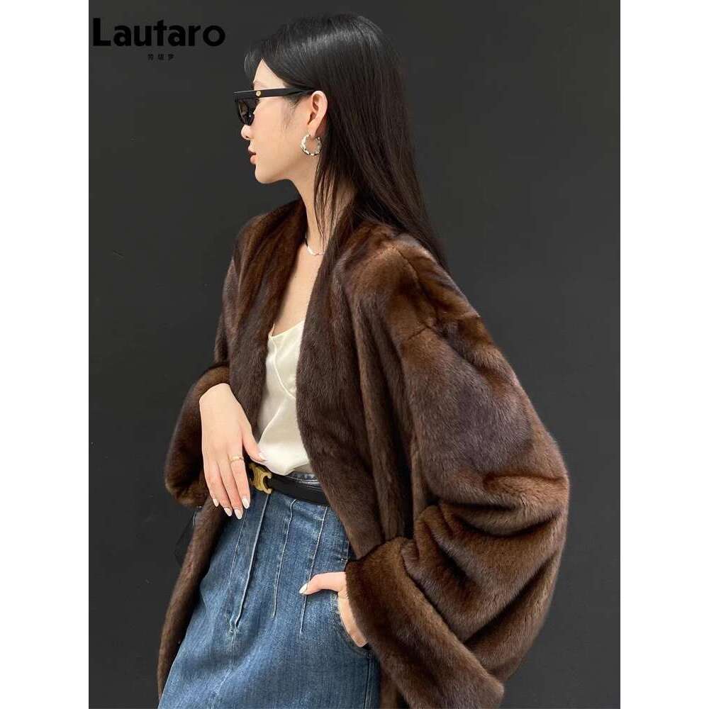 Lautaro Winter Long Vintage Elegant Chic Thick Warm Soft Brown Fluffy Faux Mink Fur Coat Women V Neck Furry Overcoat 2023 Designer Designer