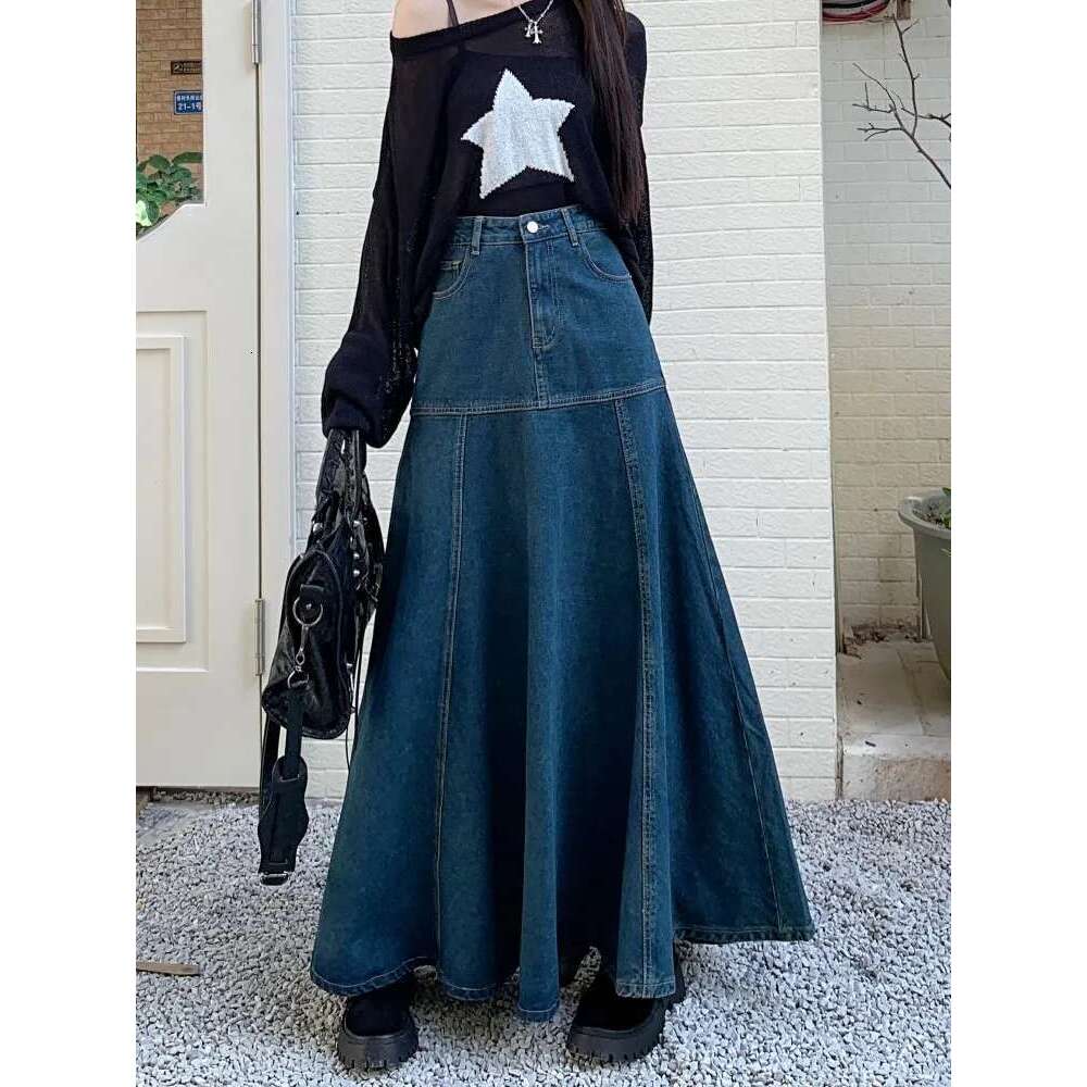 GUUZYUVIZ Long High Waist Versatile Fishtail Denim Skirt Woman