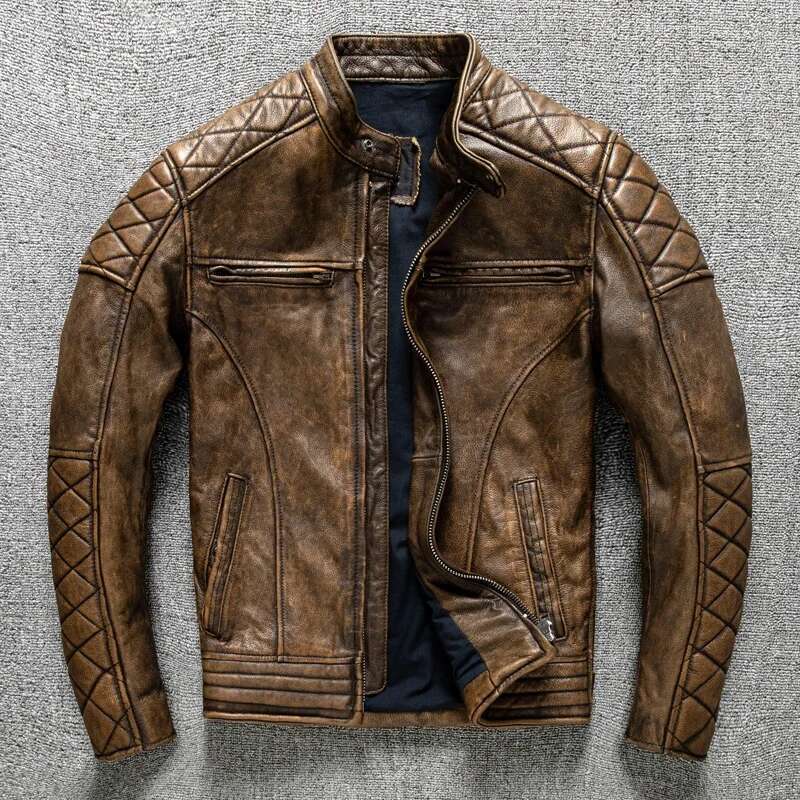 Vintage Leather Yellow Brown Thick 100% Genuine Cowhide Biker Jacket Slim Fit Men Motorcycle Coat Spring ASIAN SIZE