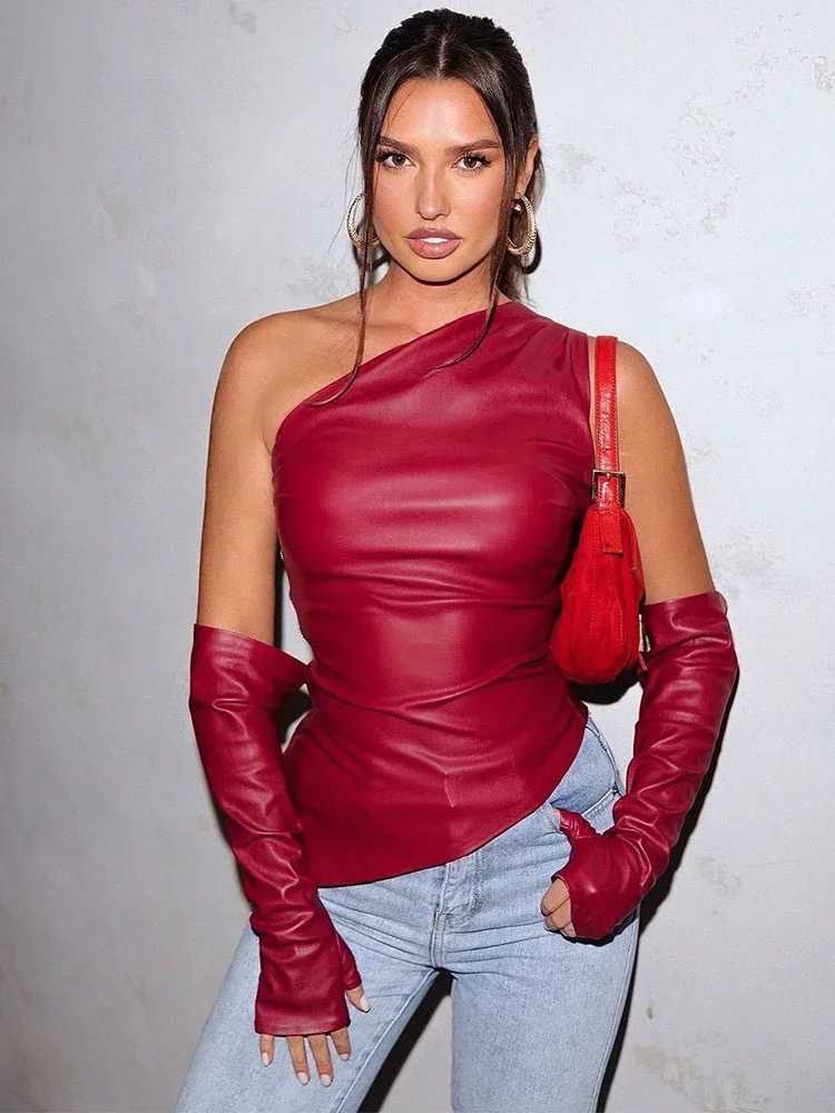 Trendix Slant Collar PU Top Sexy Asymmetrical Off Shoulder Slim Streetwear Tanks Fashion Elegant One Shoulder Vest Clubwear M250513