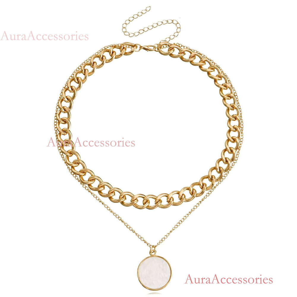 Geometric White Fritillaria Pendant Female Metal Coarse Aluminum Chain Gold Plating Alloy Ornament Necklace