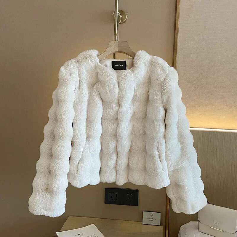 HOOOFUR Faux Coat Women New Style Imitation Fur Plush Collarless Short Top 2024 Autumn Winter Warm and Trend