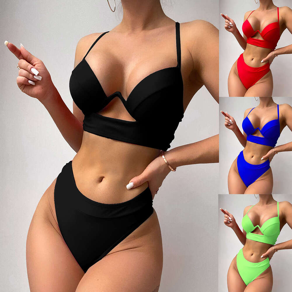 New European and American women's swimsuit one-piece steel support hard bag nylon solid color hollow sexy bikini 2025 temperament versatile new t
