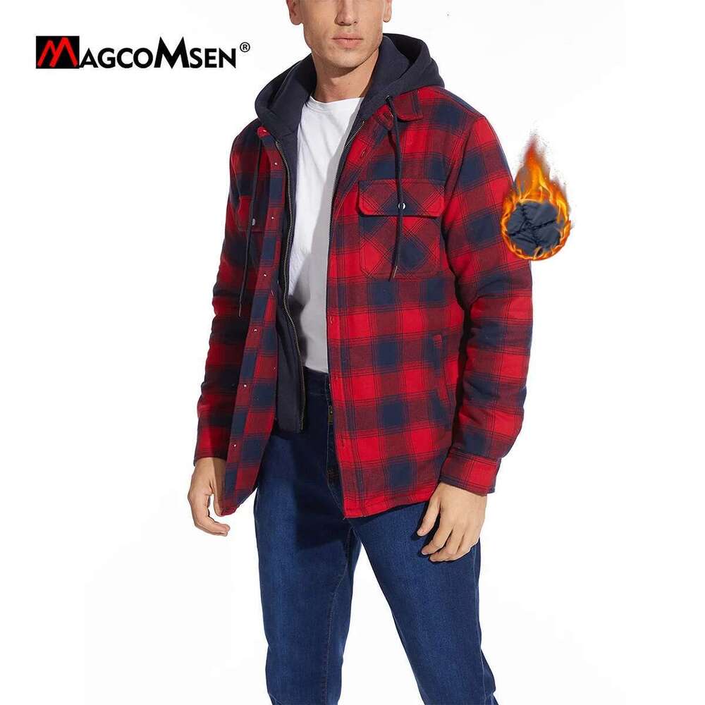 MAGCOMSEN Men's Flannel with Removable Hood 5 Pockets Plaid Quilted Lined Winter Coats Thick Hoodie Outwear Fleece Jacket
