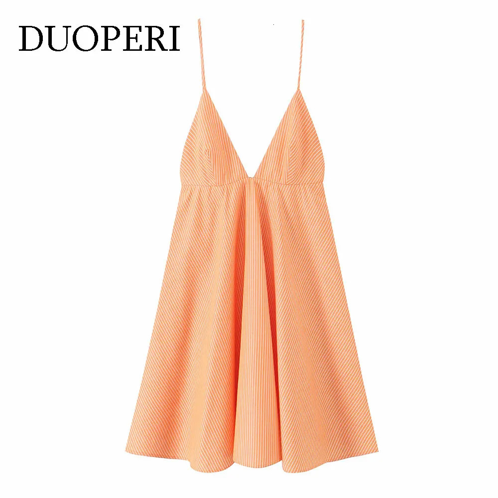 DUOPERI Women Summer Orange Striped Backless Zipper Mini Dress Thin Straps VNeck Female Chic Lady Dresses For 250513