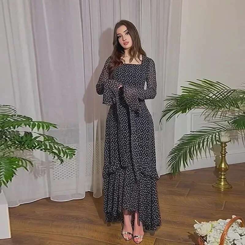 Eid Muslim Party Women Polka Dot Ramadan Chiffon Long Dress Belt Morocco Kaftan Vestidos Largos Dubai Robe Jalabiya