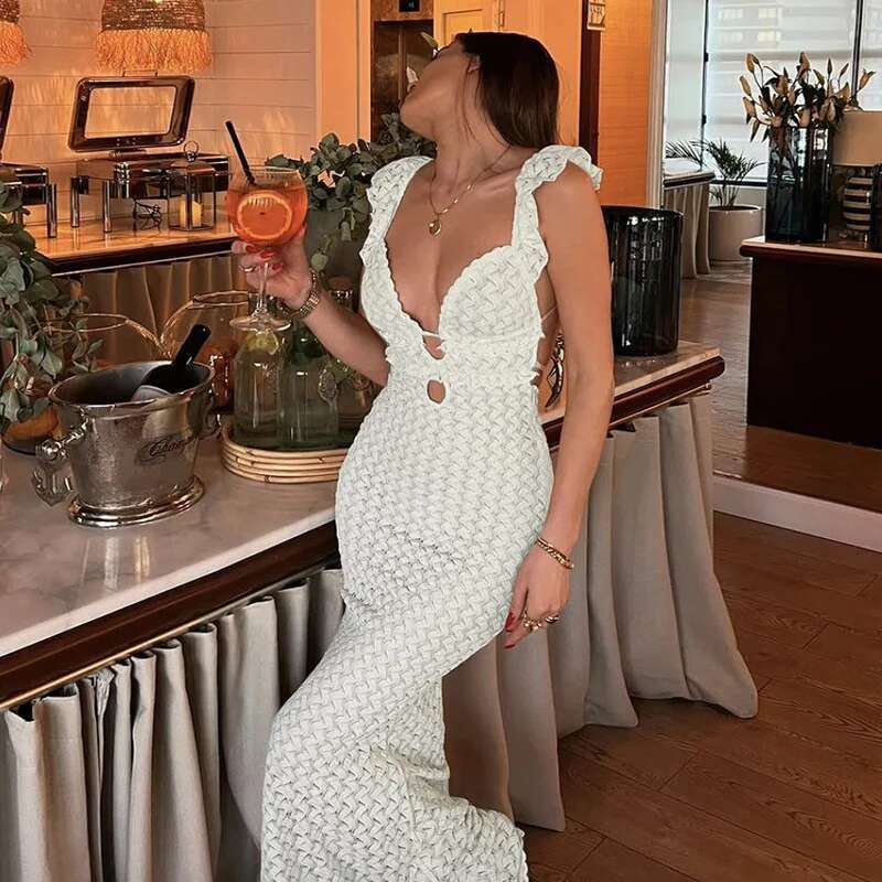 Autumn 2024 new women's sexy V-neck backless lace up hollow slim fit dress
