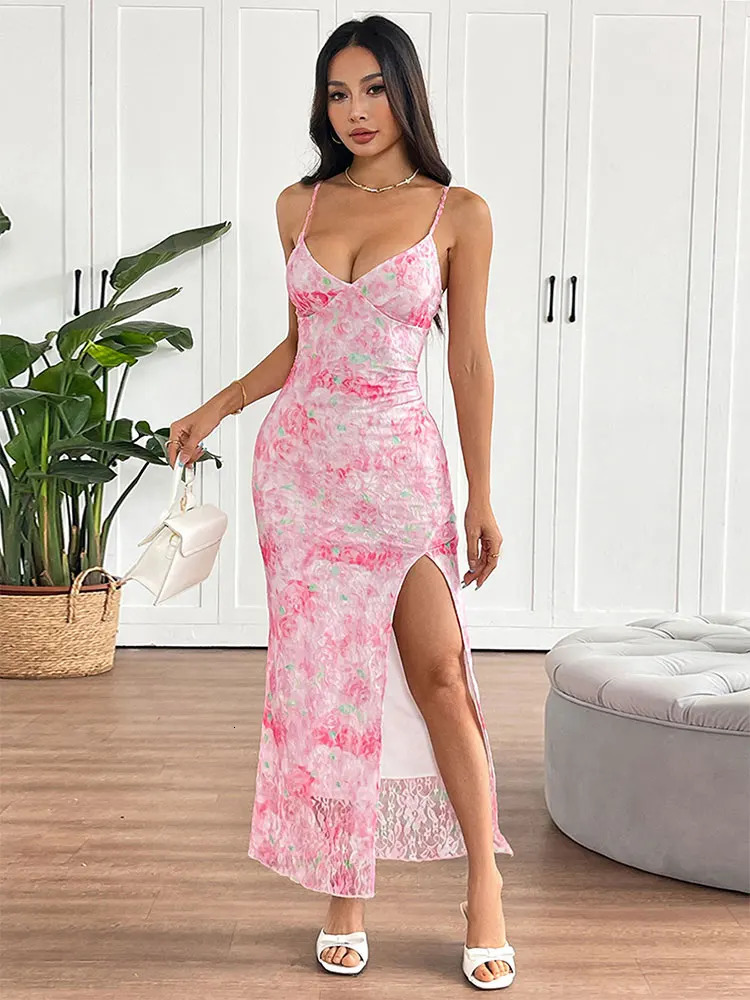 Summer Women Sling Dresses Streetwear Fashion Pink Print Split Dress Sexy Backless VNeck Elegant Lady Club Party 250513