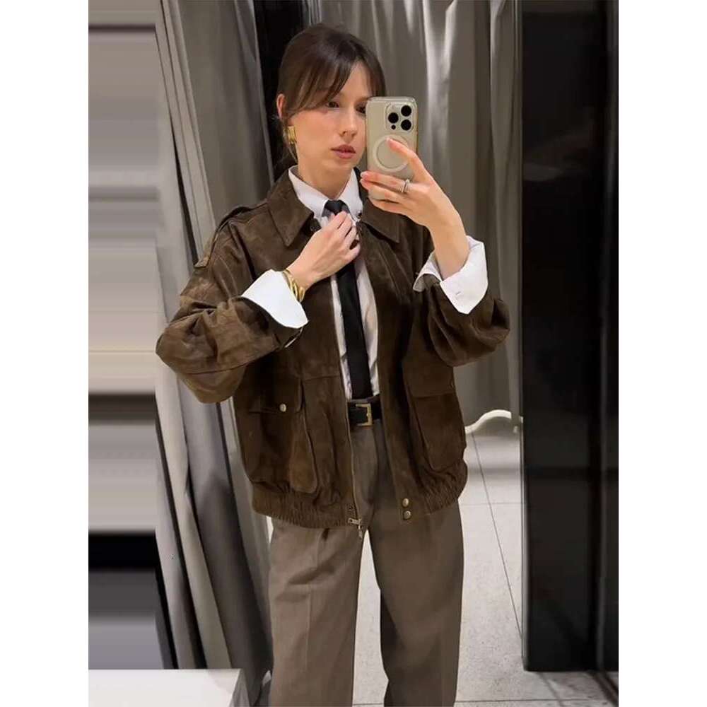 Suede Leather Jacket Coat Vintage Brown Maillard Pocket Lapel Casual Loose Bomber Jackets Motorcycle Style Silhouette Outwear