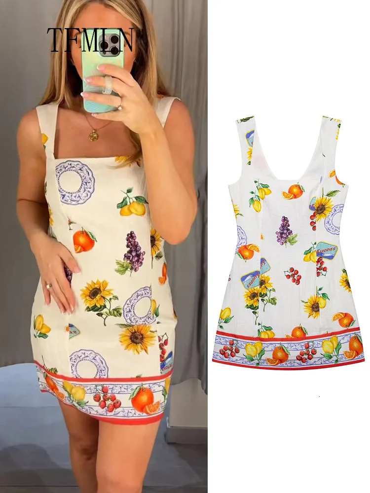 TFMLN Summer Women Back Bow Mini Dress Sweet Print Sleeveless Square Collar High Street Backless Beach Party 250513