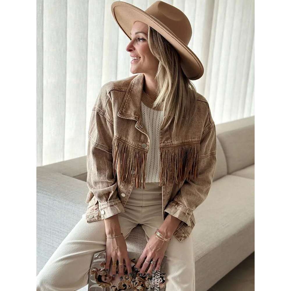 Gypsylady Stylish Retro Denim Women Jacket Autumn Winter Tassels Long Sleeve Cotton Khaki Brown Ladies Biker Jackets Chaquetas