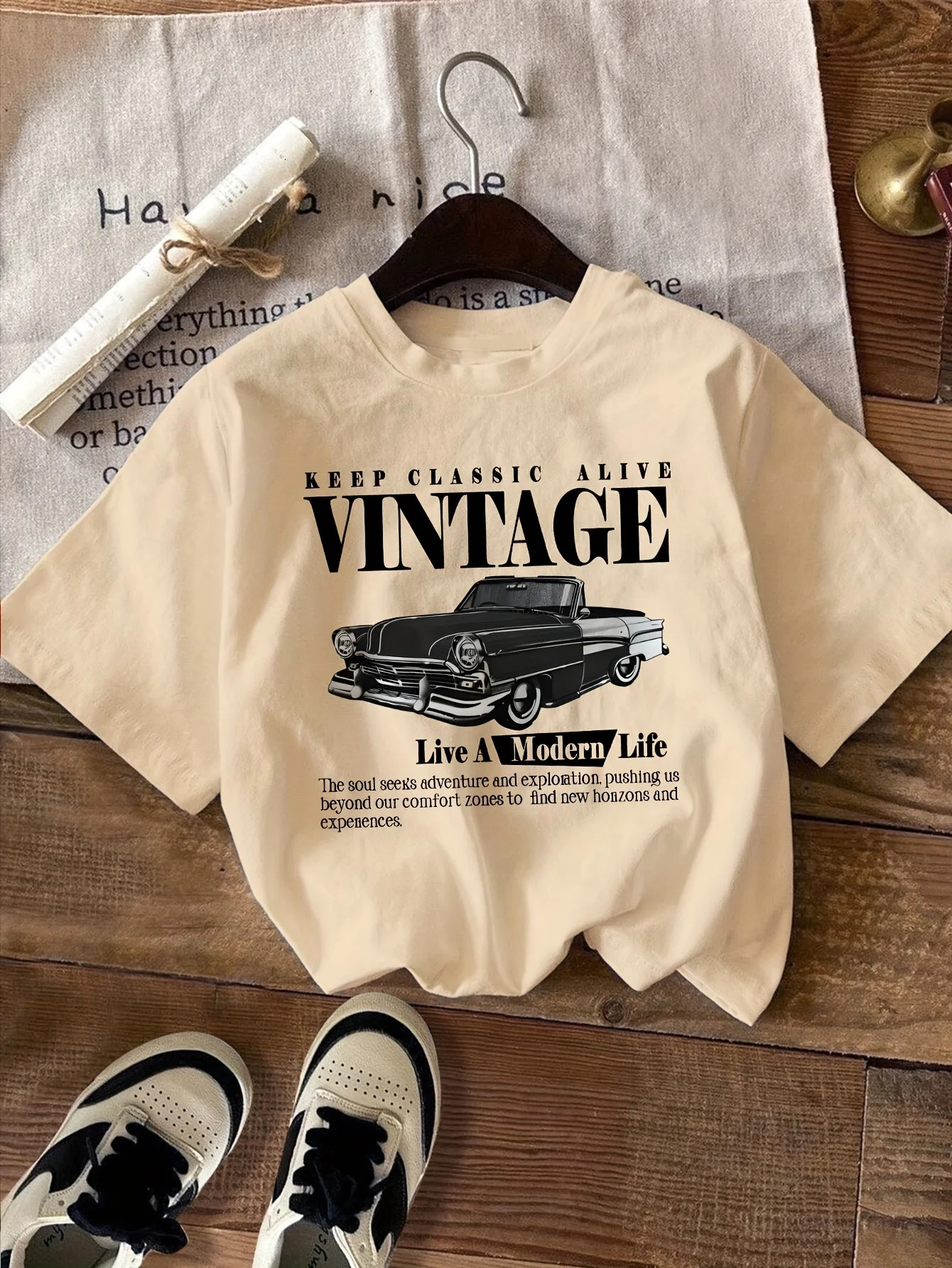 Vintage Car Print TShirt Medium Stretch Knit Fabric Casual Sports Style SpringSummer Top y2k top women clothing 250513