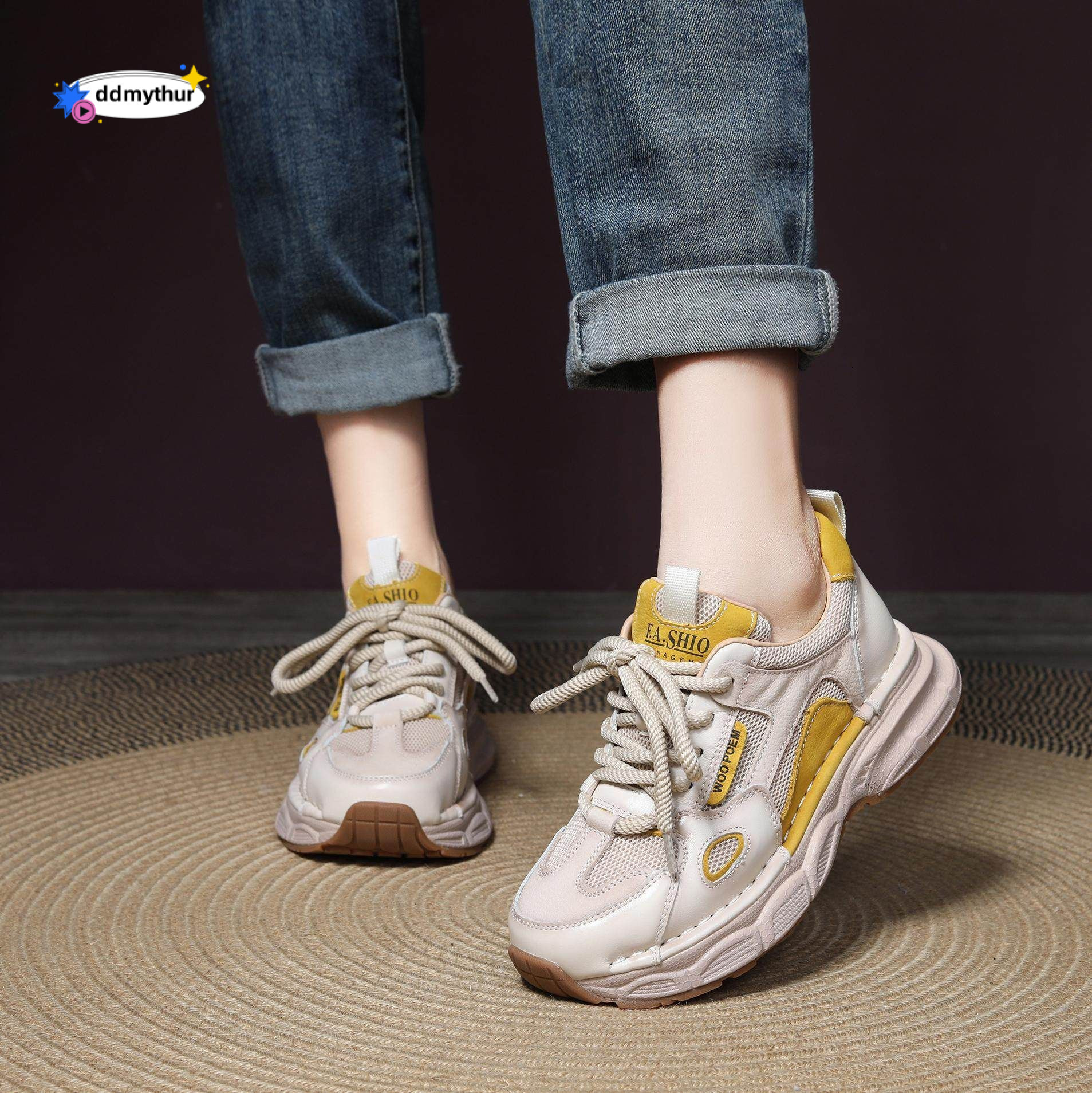 Real leather mesh dad for women in the spring of 2025, new thick soled color blocked height increasing sports style casual Forrest Gump shoes ddmythur