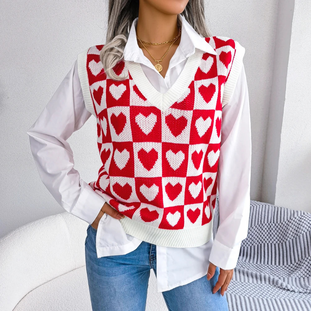 2023 Autumn Winter Sweater Vest For Women Preppy Style Heart Sleeveless Knitted Pullovers 250506