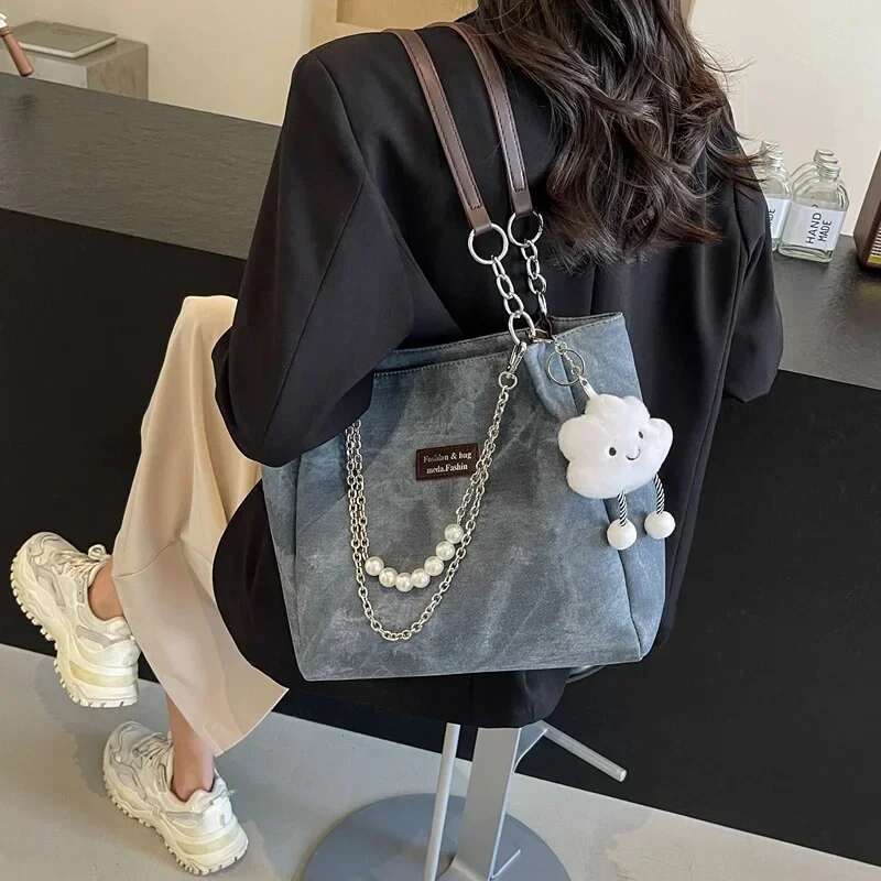 New Women's Tote With Cute Dolls Large Capacity Girls Shoulder Women Fashion Handbag Student Class Bag