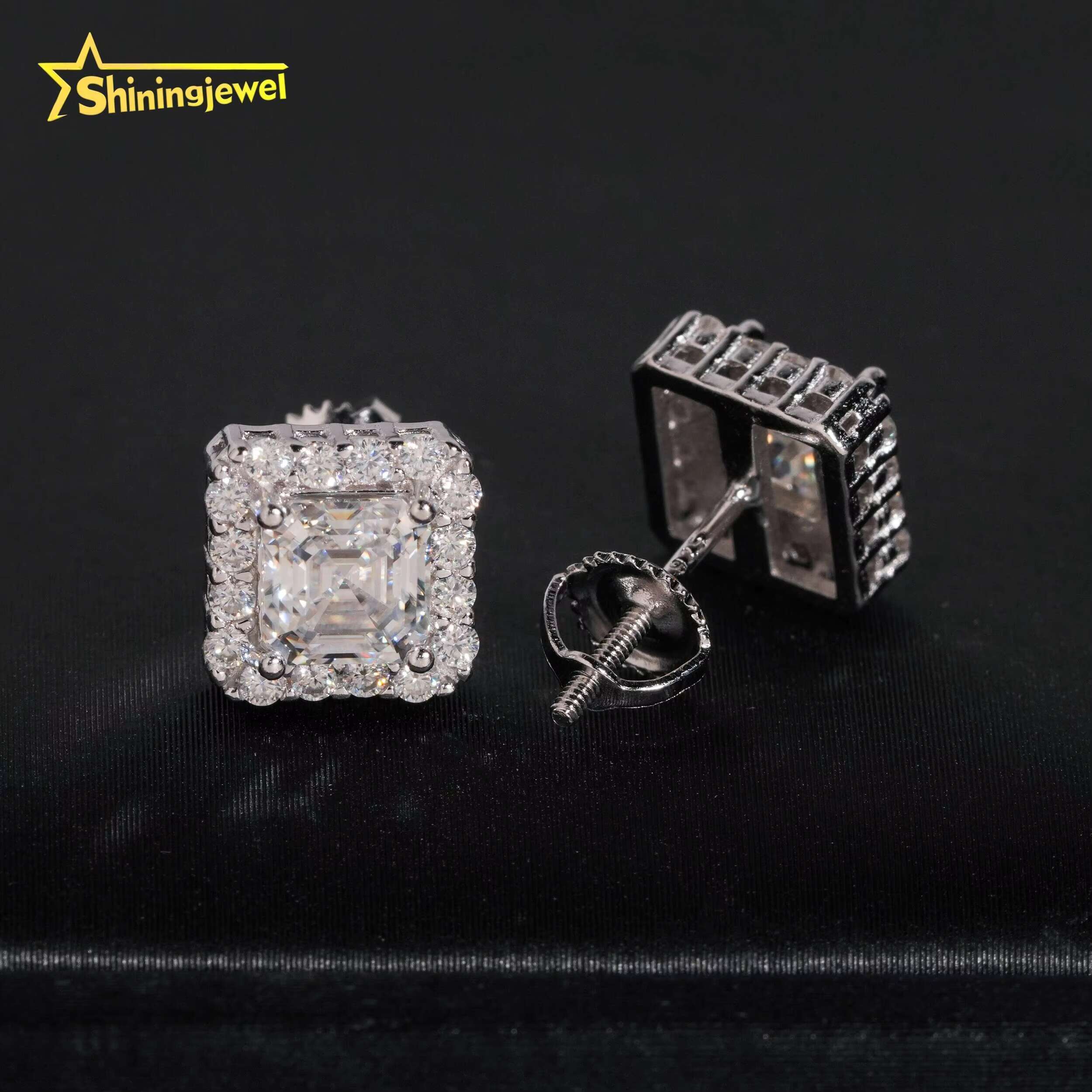 Diamond Jewelry Iced Out Square Princess Cut Hip Hop Screw Back 925 Silver Moissanite Stud Earrings