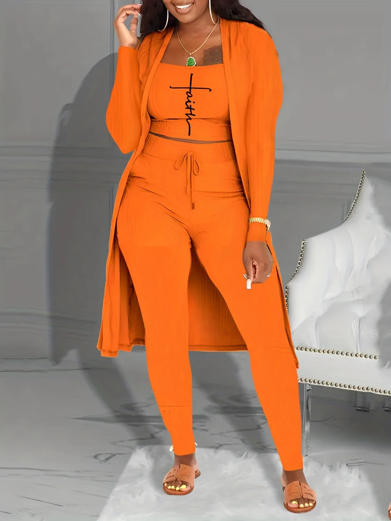 Large orange patch casual print Uneck long sleeved twopiece set suitable for women 250427