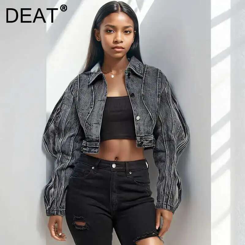DEAT Fashion Trend Three-dimensional Line Denim Coats For Women High Street Lapel Long Sleeve Jacket Female Spring New 11P038