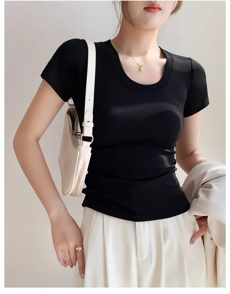 Tshirt Womens Short Sleeve Summer Show Collar Slim Threaded Round Neck Body Shirt White Tops 250513