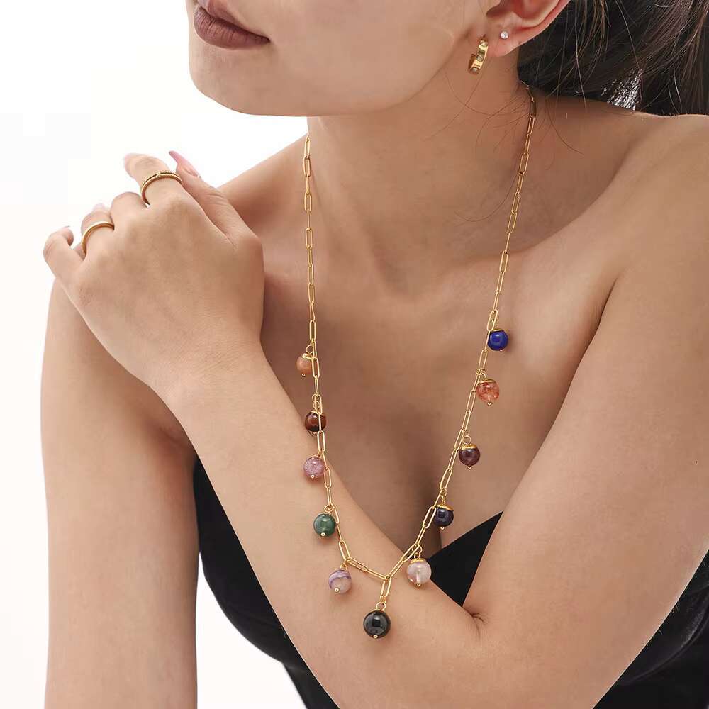 Fashionable stainless steel gold-plated crystal necklace chain design, fashionable round stone pendant, daily women's jewelry