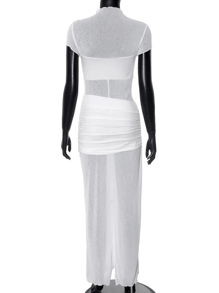 Summer See Through Beach Vacation Maxi Dress Short Sleeve Outfits Women Y2K Streetwear O Neck Bodycon Ruched Dresses Vestido 250513