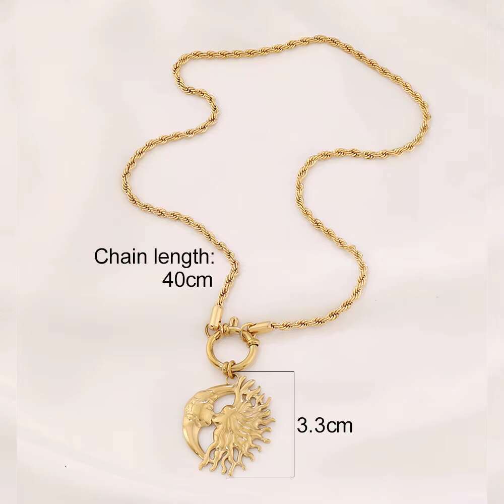 Women's Necklace Gold Plated Stainless Steel Moon Sun Pendant Fashion Chain with Flower Pattern Accessories
