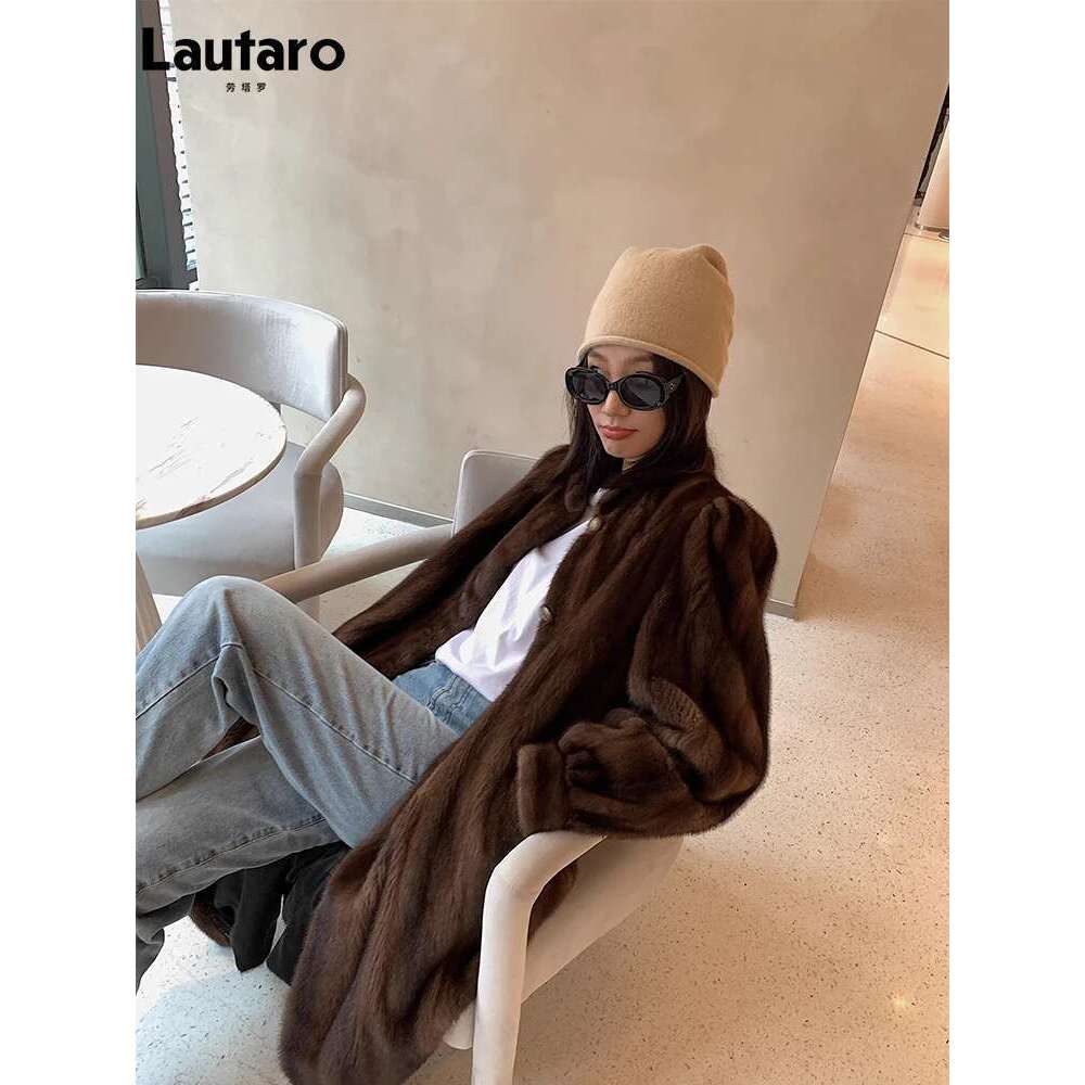 Lautaro Winter Long Brown Thick Warm Soft Faux Mink Fur Coat Women Puff Sleeve Elegant Chic Fluffy Furry Overcoat