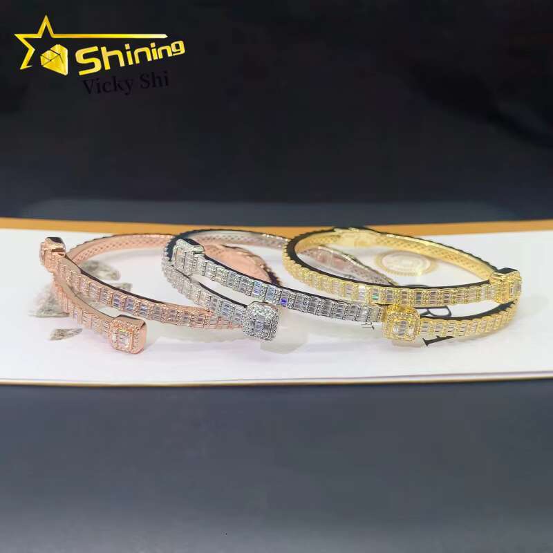 Worldwide Shipping Fine Jewelry S925 Silver Gold Plated VVS Baguette Moissanite Diamond Bangle Bracelet GRA Certificated