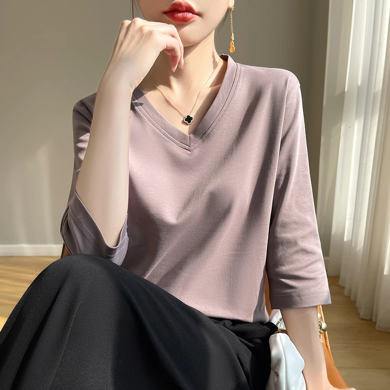 Spring Summer Mercerized Cotton Cropped Sleeve TShirt Womens Round Neck Loose 100% ShortSleeved Bottoming Shirt 250513