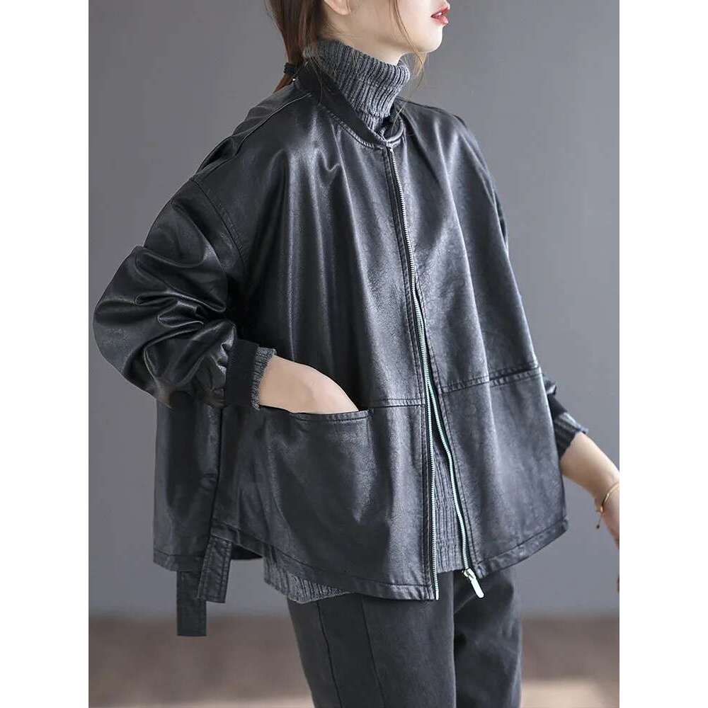 Amax luluE 2024 Autumn Fashion Biker Clothes Womens Loose Vintage Faux Leather Jackets Punk Pu Coats Black Big Outerwear