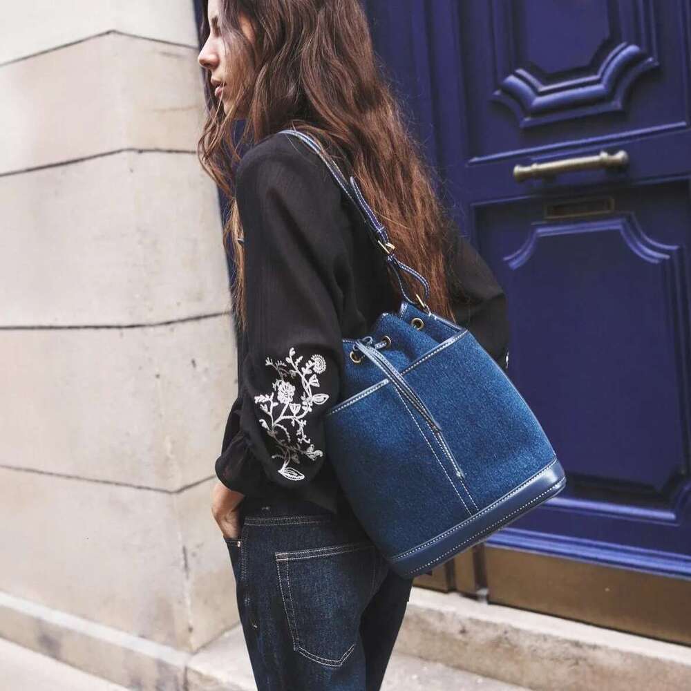 Vintage Denim Bucket Designer Canvas Women Shoulder Bags Drawsting Panelled Crossbody Bag Small Tote Shopper Purses 2025