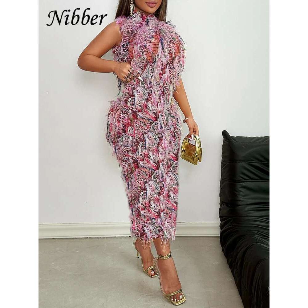 Nibber Colorful Tassel Dress Women Autumn Turtleneck Sleeveless High Waisted Elastic Trend Street Night Club Pretty Long Bodycon