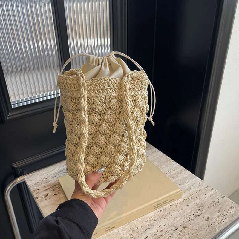 Handmade Woven Bucket For Women Bohemian Shoulder Bags Knitted Summer Straw Beach Bag Female Round Cut Out Handbags