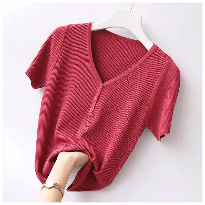 V Neck Long Sleeve Ribbed Knit T Shirt Women Spring Summer Casual Top Streetwear Y2K Basic Tops Tees 250513