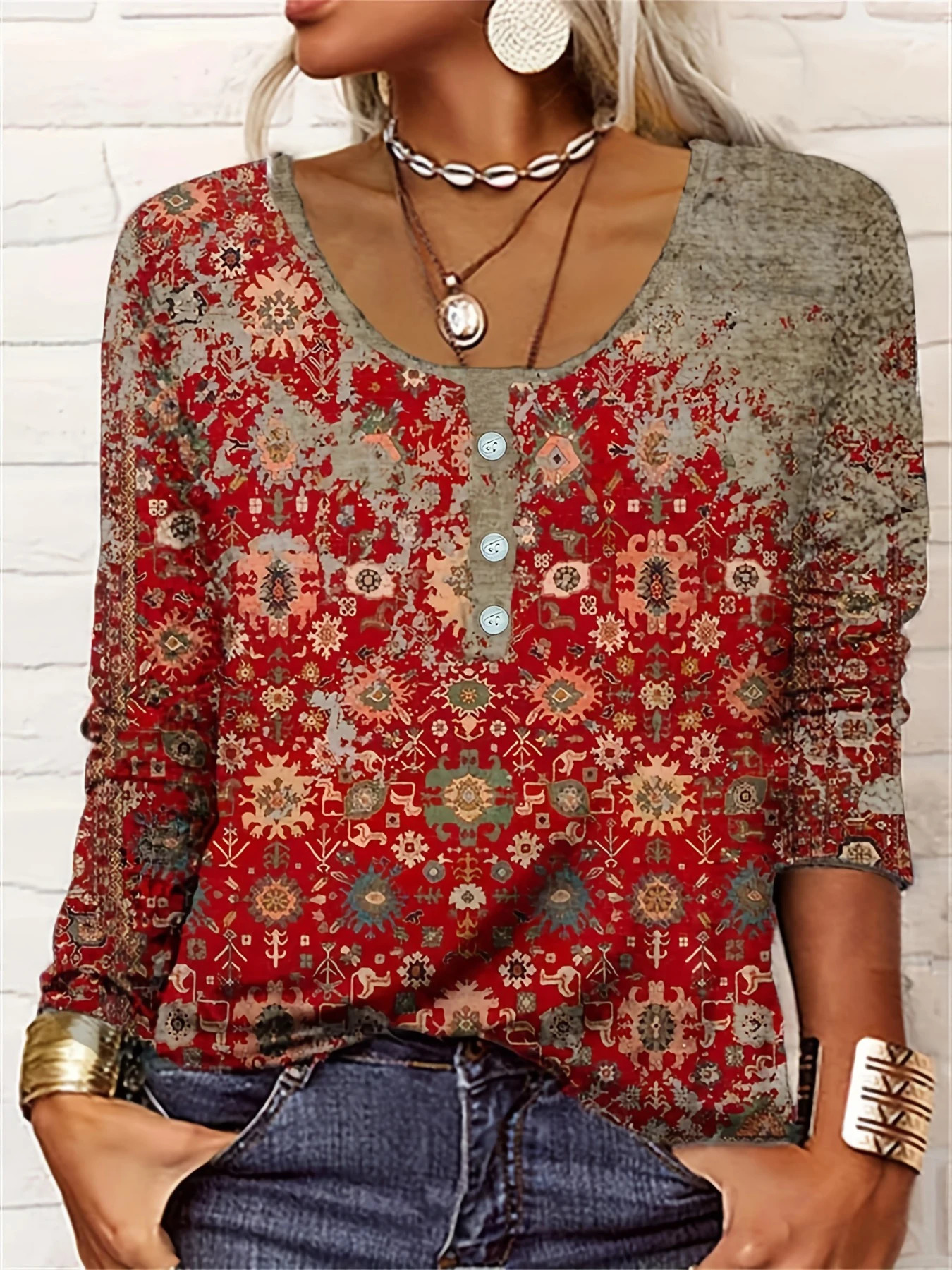 Elegant Ethnic Print ButtonDetail Long Sleeve Womens TShirt | Standard Sizing Boho Chic Fashion Top 250513