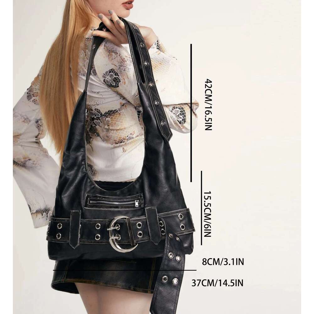 Belt Buckle Women Designer Handbag And Purses PU Rivet Multiple Pockets Y2k Large Capacity Shoulder Bags Big Totes