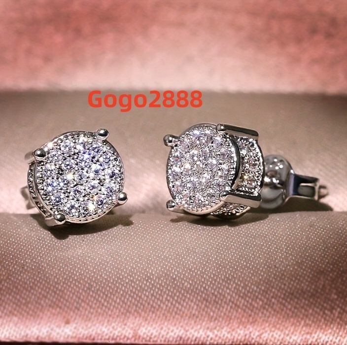 Full Diamond Hip Hop Mens Stud Earrings Zircon Micro Inlaid Electroplated Round Silver Earrings