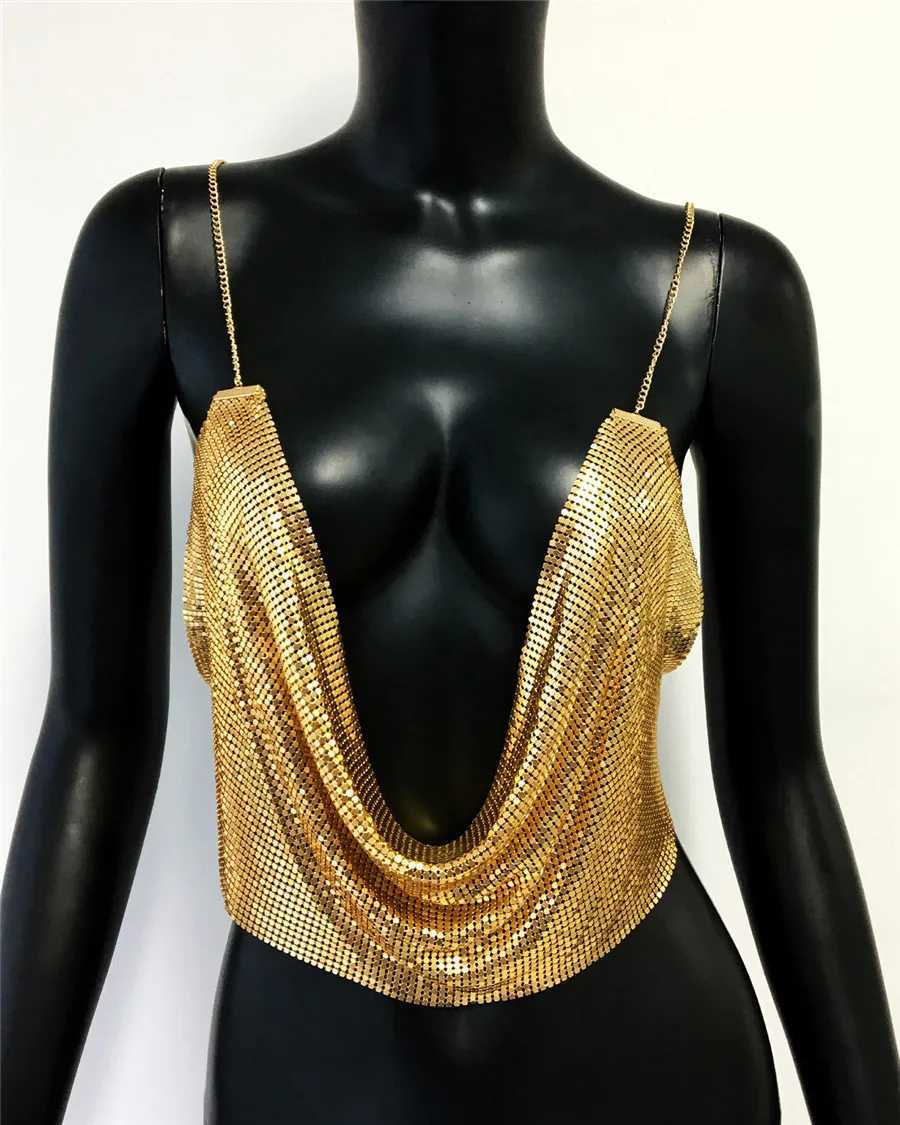 Fashion Metallic Sequins Party Tank Top Sexy Deep V Neck Backless Spaghetti Straps Sling Crop Top Rave Nightclub Camisole M250513