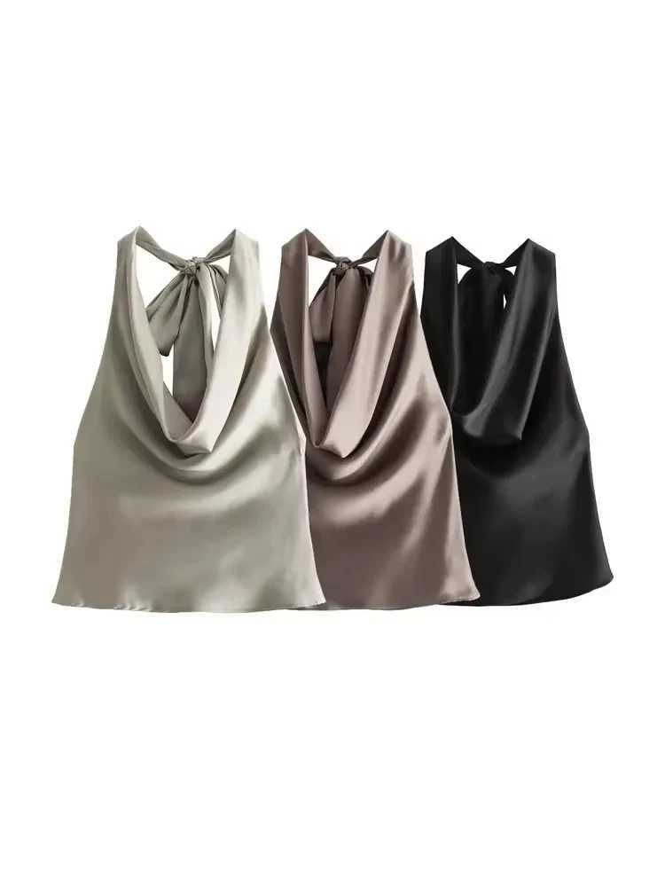 TRZA-Womens Flowing Draped Halter Neck Tank Tops With Bow Tied Backless Sleeveless Female Camis Sexy Fashion M250513