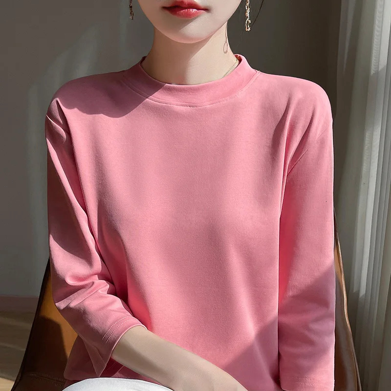 Summer And Autumn 100% Cotton Tshirt Womens SemiHighNecked Cropped Sleeves Loose Solid Color Bottoming Top 250513